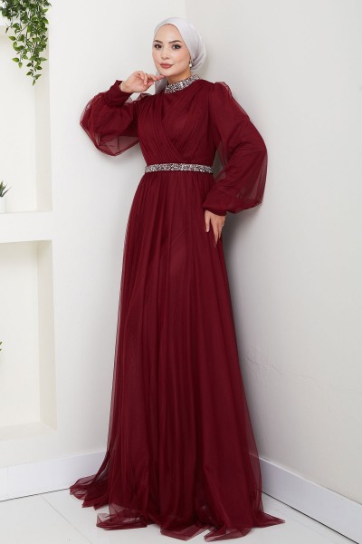 Yaka ve Bel Taş Detaylı Büyük Beden Tesettür Abiye Esna - Bordo